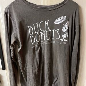 Grey long-sleeve Duck Donuts t-shirt. Adult medium. Gildan brand.